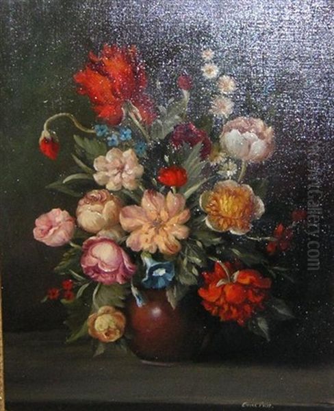 A Still Life Of Flowers In An Earthenware Bowl Oil Painting by Etienne Adolph Piot