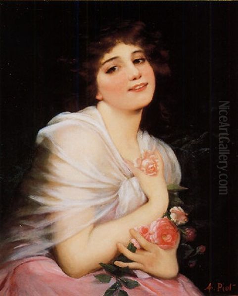 A Beautiful Young Girl With Flowers Oil Painting by Etienne Adolph Piot