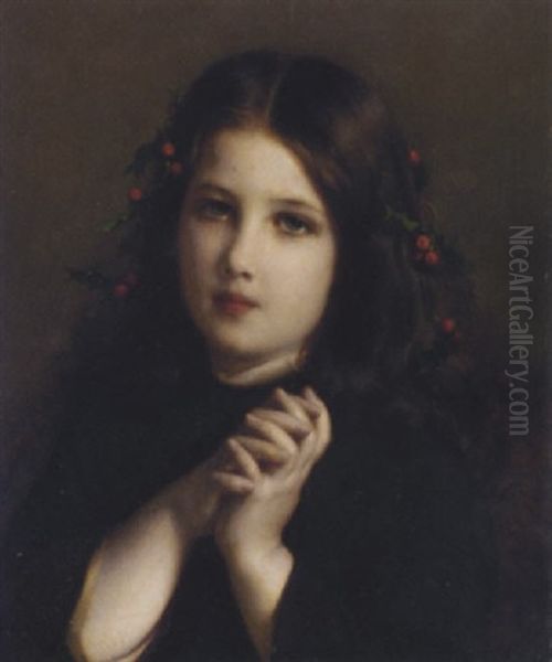 A Young Girl With Holly Berries In Her Hair Oil Painting by Etienne Adolph Piot