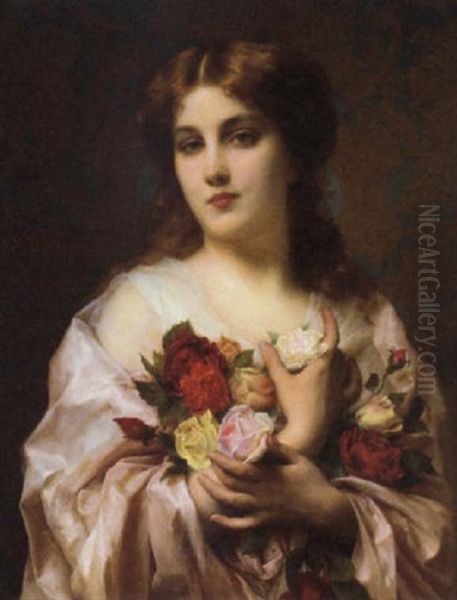 Portrait Of A Girl In A Pink Dress, Holding Some Roses Oil Painting by Etienne Adolph Piot