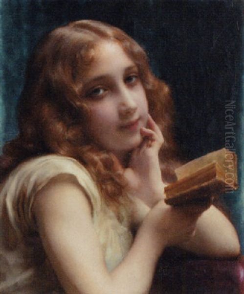 A Young Girl Reading Oil Painting by Etienne Adolph Piot