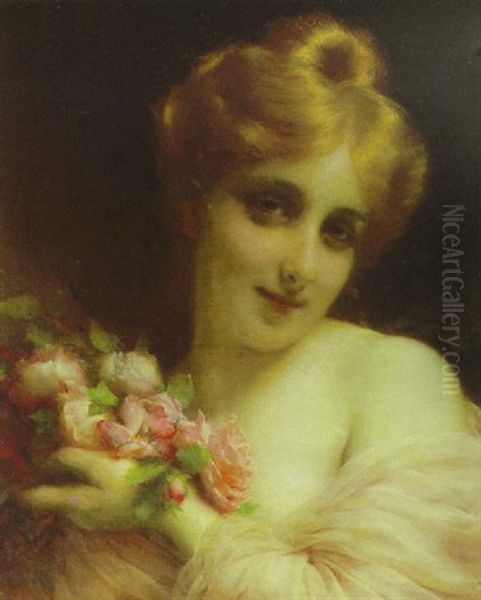 Portrait Of A Woman With Roses Oil Painting by Etienne Adolph Piot