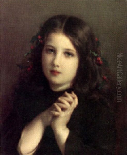 A Young Girl Adorned With Holly Oil Painting by Etienne Adolph Piot