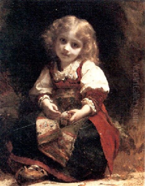 A Little Girl Holding A Bird Oil Painting by Etienne Adolph Piot