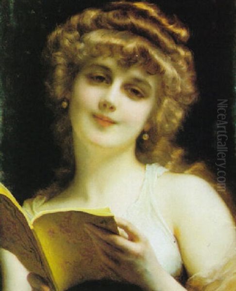 A Blonde Beauty Holding A Book Oil Painting by Etienne Adolph Piot