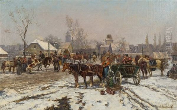 Market Day In Winter Oil Painting by Antoni Piotrowski