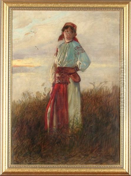 Peasant Girl In Field Oil Painting by Antoni Piotrowski