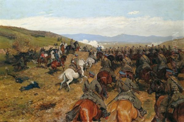 Furst Alexander Von Battenberg In Der Schlacht Am Fluss Slivnica, 17.11.1885 Oil Painting by Antoni Piotrowski