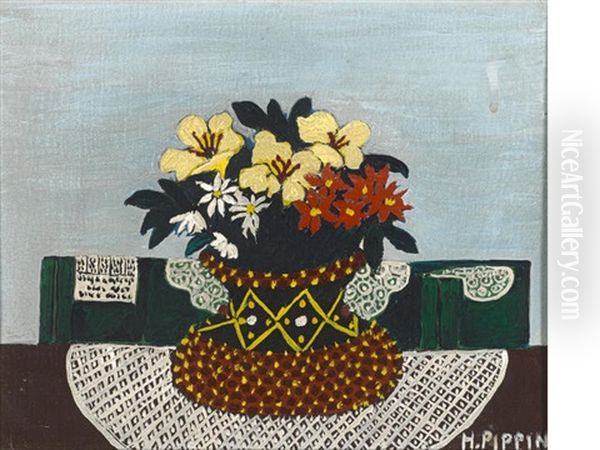 Flowers With Four Doilies Oil Painting by Horace Pippin