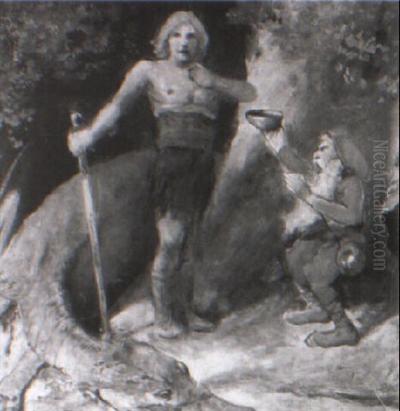 Siegfried With Mime And The Dragon Oil Painting by Emil Pirchan the Elder