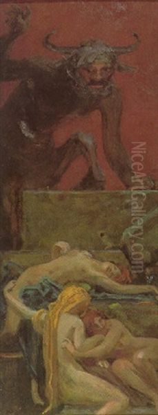 Mythologische Szene Mit Faun Und Nymphen Oil Painting by Maximilian Pirner