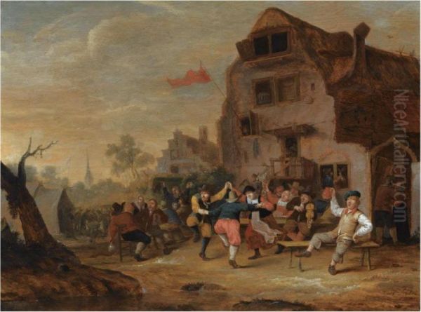 Peasants Dancing And Drinking Outside An Inn, A Church Towerbeyond Oil Painting by Hendrick Hendriksz. Bogaert