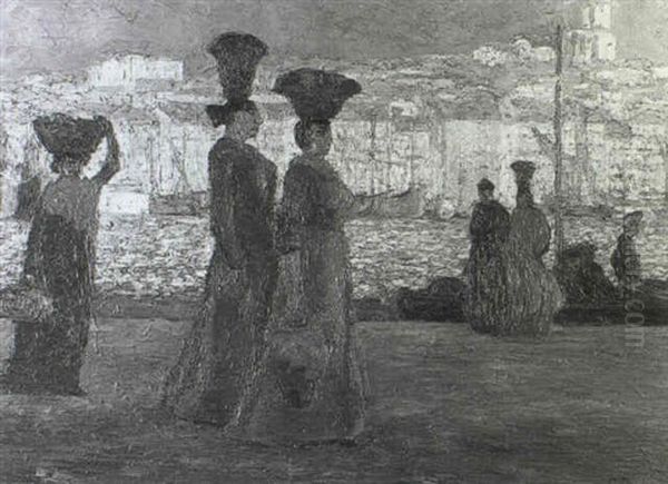 Three Women Beside Marseilles Quayside Oil Painting by Rene Pirola