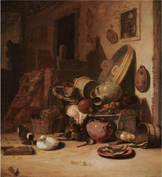 A Still Life Of Earthenware Pots, Barrels, Baskets, Jugs, Anearthenware Plate With Fish, Together With Ducks, In A Barn Oil Painting by Hendrick Hendriksz. Bogaert