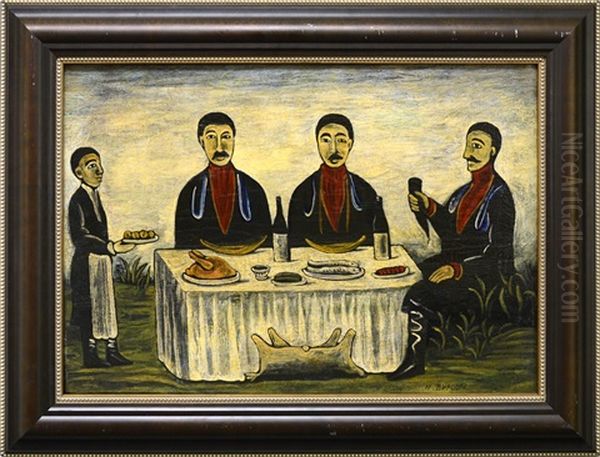 Three Men At Dinner Oil Painting by Niko Pirosmani