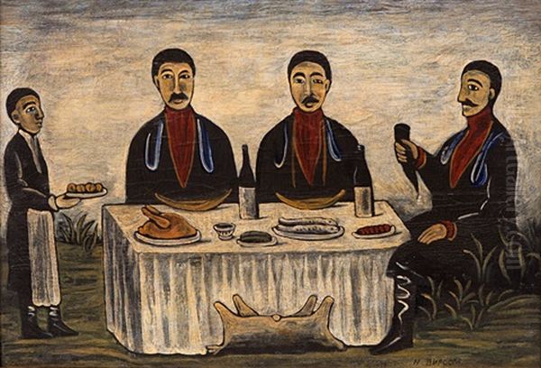 Three Men At Dinner Oil Painting by Niko Pirosmani