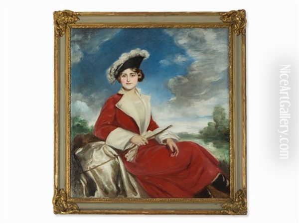 Lady In Red Riding Dress Oil Painting by Adolf Pirsch