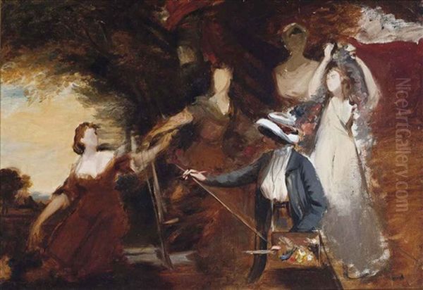 The Artist's Wife Painting, In Front Of Three Ladies Adorning A Term Of Hymen By Sir Joshua Reynolds Oil Painting by Adolf Pirsch