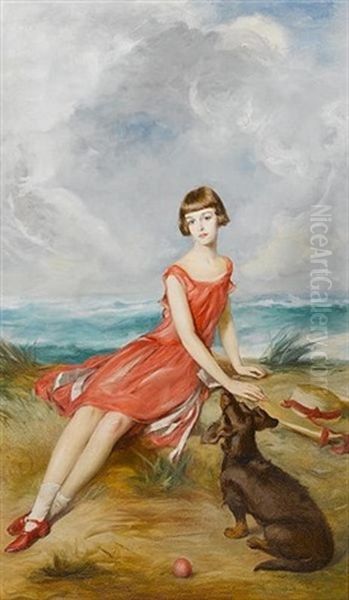 Portrait Of A Young Girl With Her Dog By The Sea Oil Painting by Adolf Pirsch