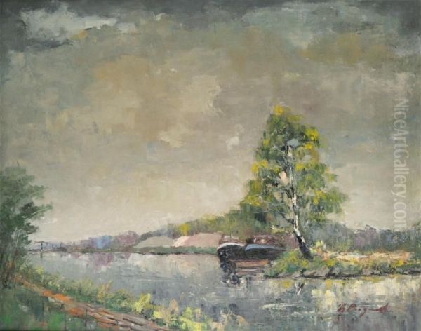 River Landscape With Moored Boats Oil Painting by Theo Bogaert