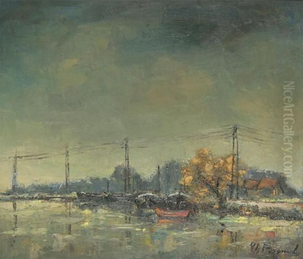 River Landscape With Moored Boats Oil Painting by Theo Bogaert