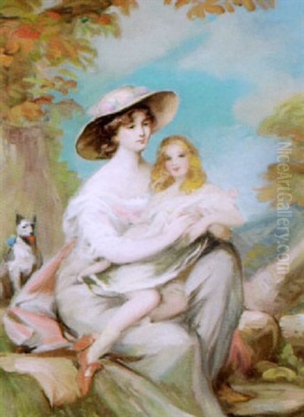 Bildnis Einer Jungen Dame Mit Tochter Und Hund Oil Painting by Adolf Pirsch