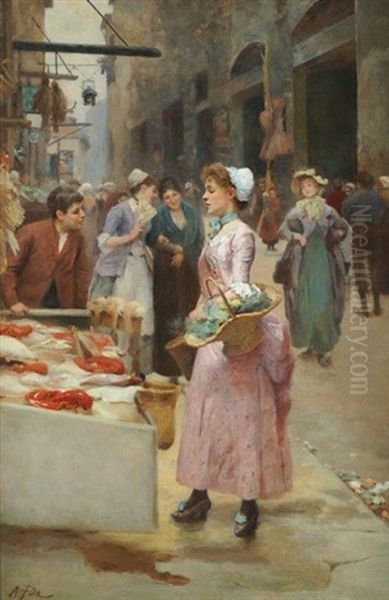 The Girl At The Market Stall Oil Painting by Alberto Pisa