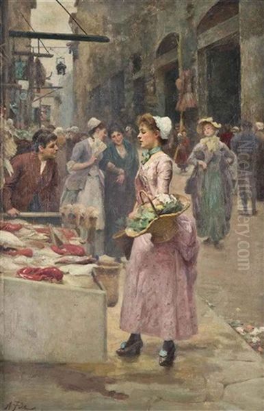 The Fish Stall Oil Painting by Alberto Pisa