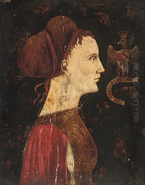 Portrait Of A Lady, With A Red Ribbon In Her Hair Oil Painting by Antonio di Puccio Pisano Pisanello