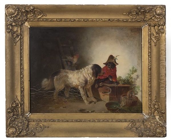 Two Dogs In A Barn, One In Costume And Sitting On A Trunk Oil Painting by Carl Pischinger