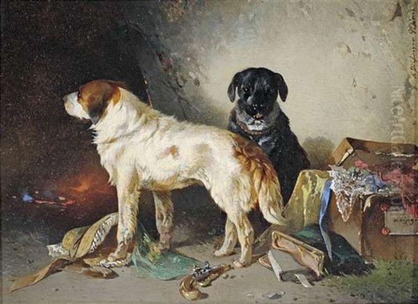 Zwei Hunde Mit Einer Kleiderkiste Oil Painting by Carl Pischinger