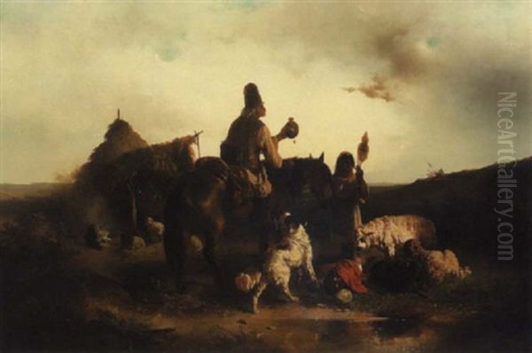 Sheepherders At Campsite Oil Painting by Carl Pischinger