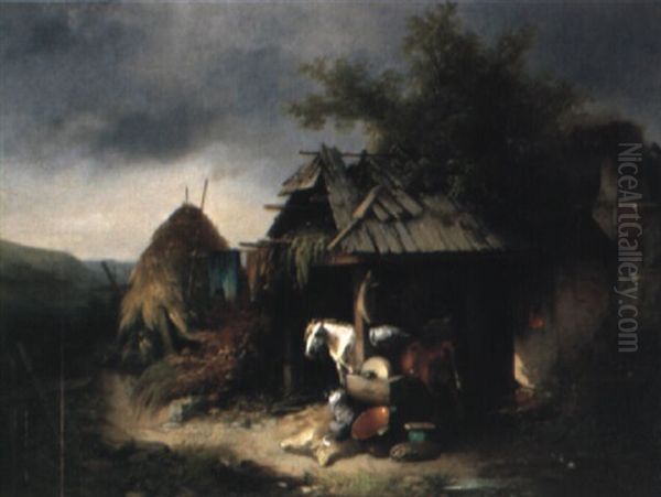 Alte Kate Mit Vorgebautem Stall Oil Painting by Carl Pischinger