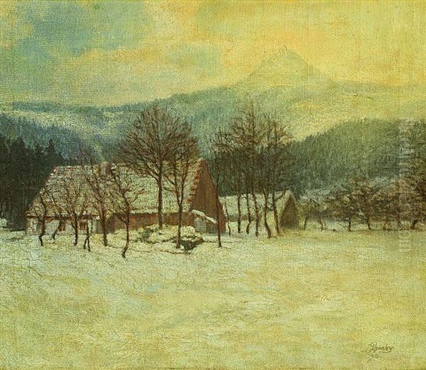 Milesovka Hill In The Winter Oil Painting by Joseph Pisecky