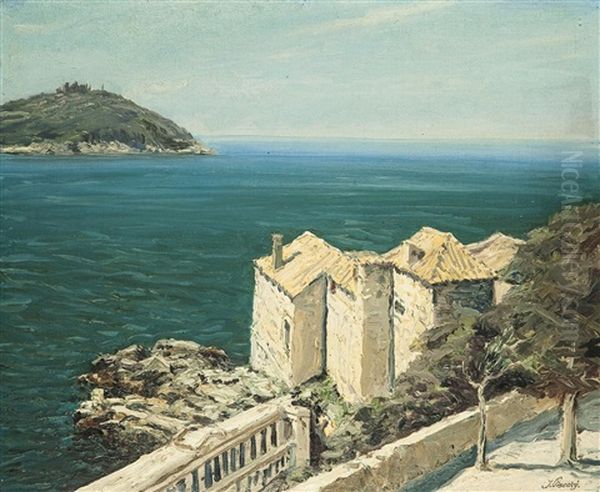 Schwimmbad Nahe Dubrovnik Oil Painting by Joseph Pisecky