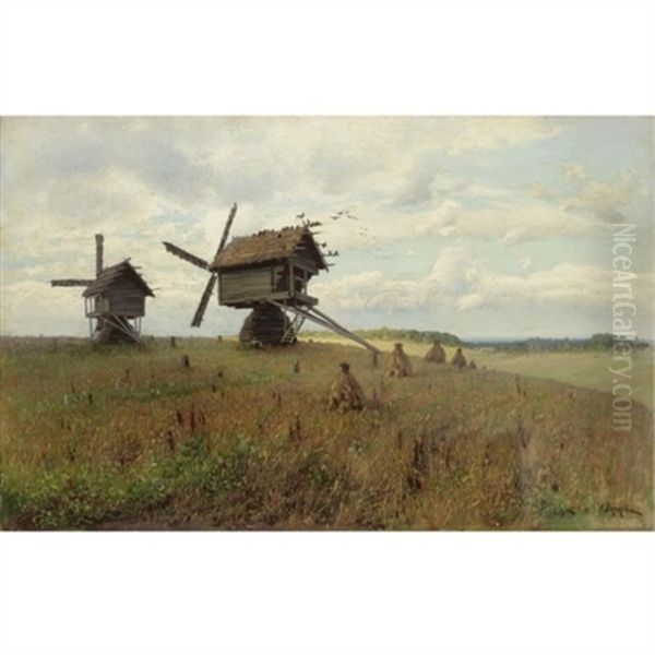 Landscape With Windmills Oil Painting by Aleksei Aleksandrovich Pisemsky