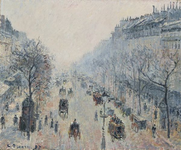 Le Boulevard Montmartre, Brume Du Matin Oil Painting by Camille Pissarro