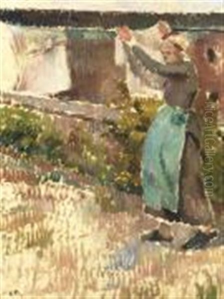 Femme Etendant Du Linge (eragny) Oil Painting by Camille Pissarro