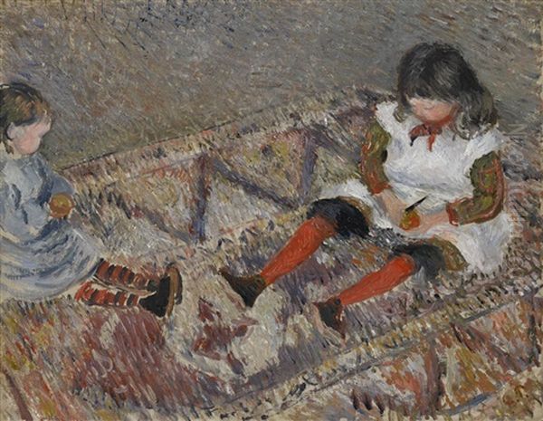 Jeanne Dite Cocotte, Et Ludovic Rodolphe Pissarro Sur Un Tapis Oil Painting by Camille Pissarro