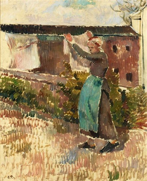 Femme Etendant Du Linge Oil Painting by Camille Pissarro