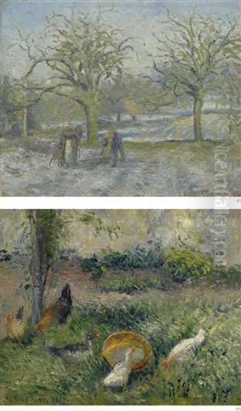 Payage D'hiver (i) & Basse-cour Avec Poules Et Canards (ii) (a Double-sided Work) Oil Painting by Camille Pissarro