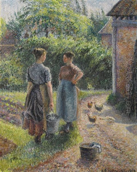 Paysannes Causant Dans La Cour D'une Ferme, Eragny Oil Painting by Camille Pissarro