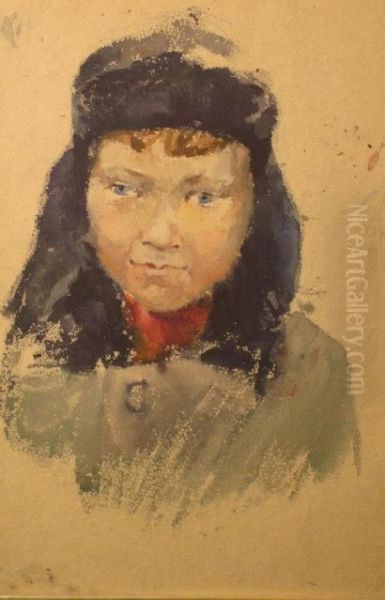 'a Boy' - Portrait Of A Young Boy Wearing A Ushanka Oil Painting by Nikolai Alekseevich Bogatov