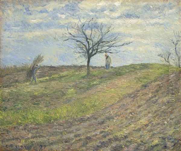 Terre Labouree En Hiver, Avec Un Homme Portant Un Fagot Oil Painting by Camille Pissarro