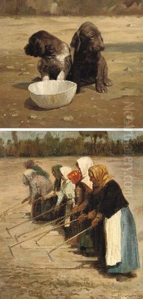 Spaniels With A Drinking Bowl; And Peasant Women Ploughing Oil Painting by Nikolai Alekseevich Bogatov