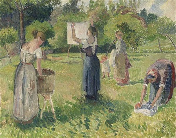 Les Laveuses A Eragny Oil Painting by Camille Pissarro