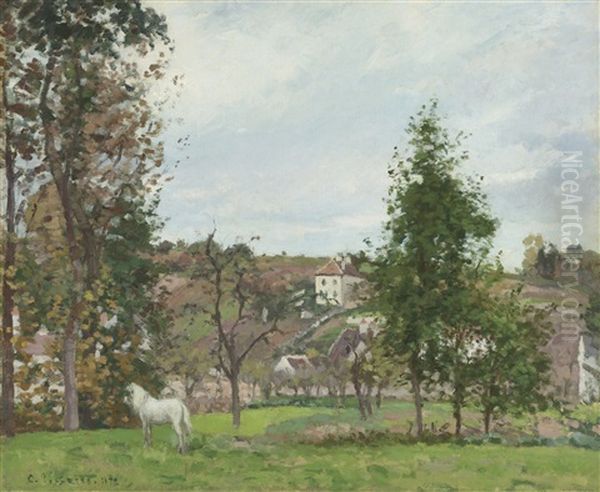 Cheval Blanc Dans Un Pre, L'hermitage, Pontoise Oil Painting by Camille Pissarro