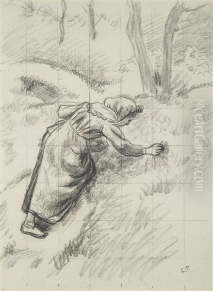 Etude Pour Paysanne Ramassant De L'herbe (study) Oil Painting by Camille Pissarro