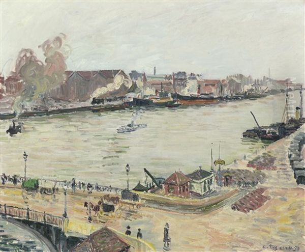 La Seine A Rouen, Pont De Boieldieu Oil Painting by Camille Pissarro