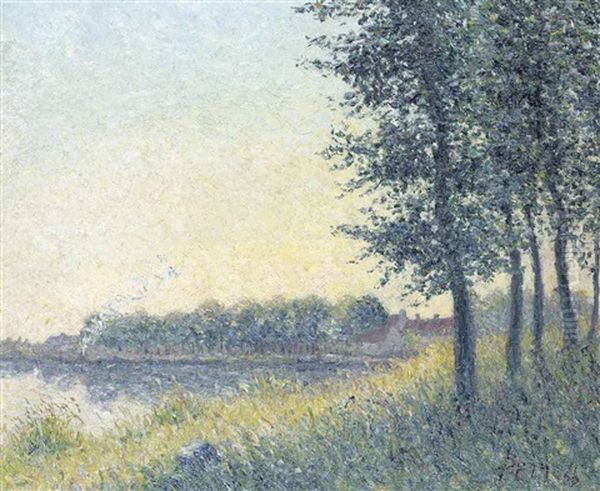 A Steam Launch On The River At Dusk Oil Painting by Camille Pissarro